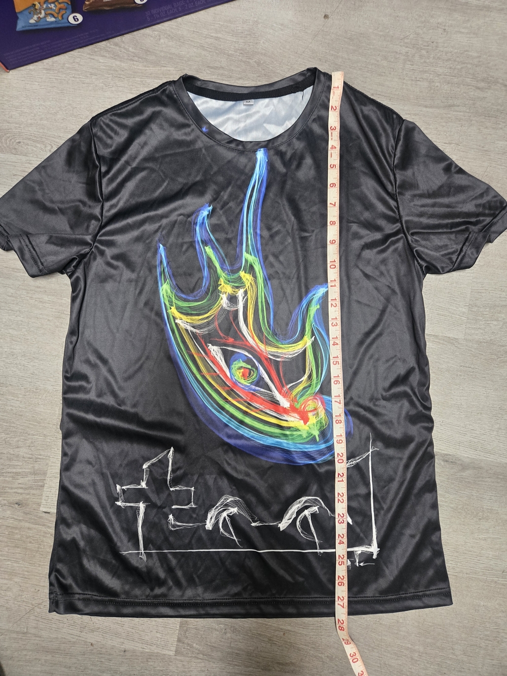 Black Graphic Men’s T-Shirt with Multicolor Flame Design